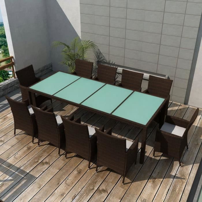 FIHERO - Mobilier de jardin 11 pcs avec coussins Résine tressée Marron