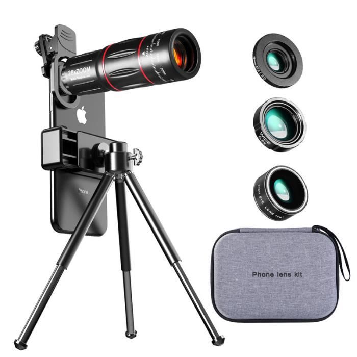 Phone Camera Lens, Phone Lens Kits, 28X Zoom Telephoto Lens, 20X Macro Lens, 0.6X Wide Angle Lens and 198° Fisheye Lens