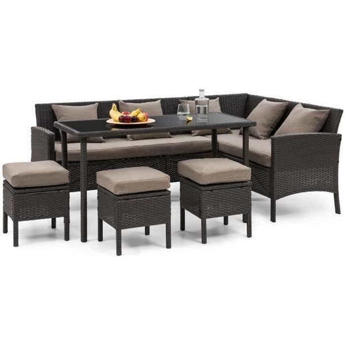 Blumfeldt Titania Lounge Salon de jardin 7 places en résine tréssée - table à manger , canapé & 3 poufs - polyrotin noir & marron