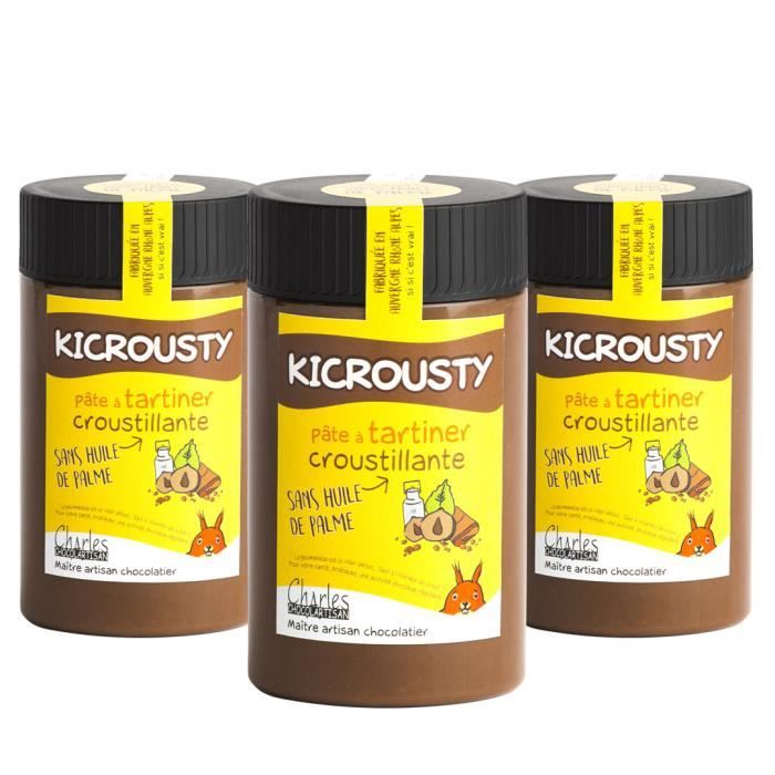 Lot de 3 pots pâtes à tartiner chocolat lait noisettes et feuillantine Kicrousty - 3x280 g