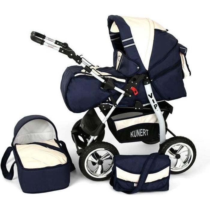 Poussette / Landau combiné 2en1 multifonctions bébé enfant 0-36m avec équipement Roues en mousse Volver - Bleu Marine et Crème.