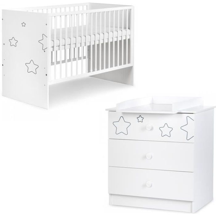TINO Chambre bébé lit bébé et commode à langer motifs étoiles Blanc 120x60 cm