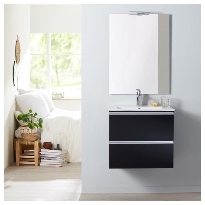 Meuble de salle de bain à suspendre noir 60 cm + miroir + éclairage - Série Dynamic 2 tiroirs