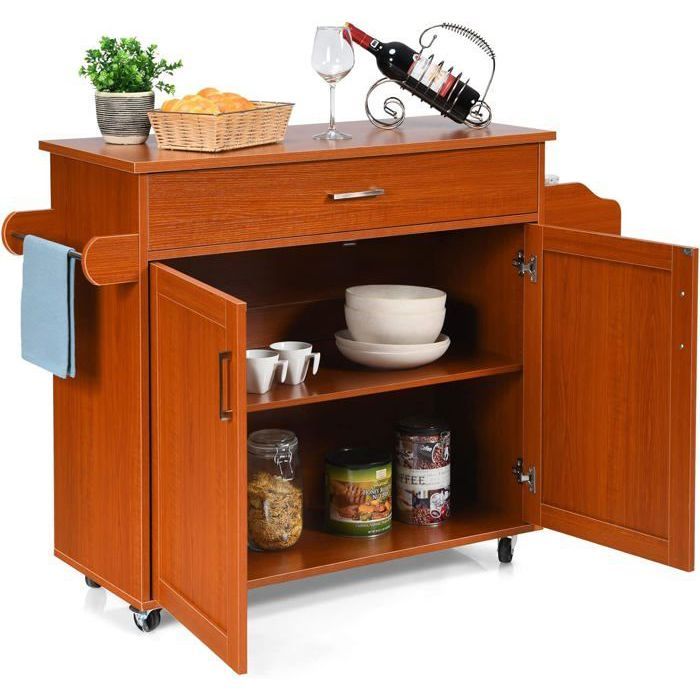 GOPLUS Desserte de Cuisine 116x40x85 CM îlot Central Cuisine à Roues avec Porte-serviettes Porte-épices et Étagère Réglable