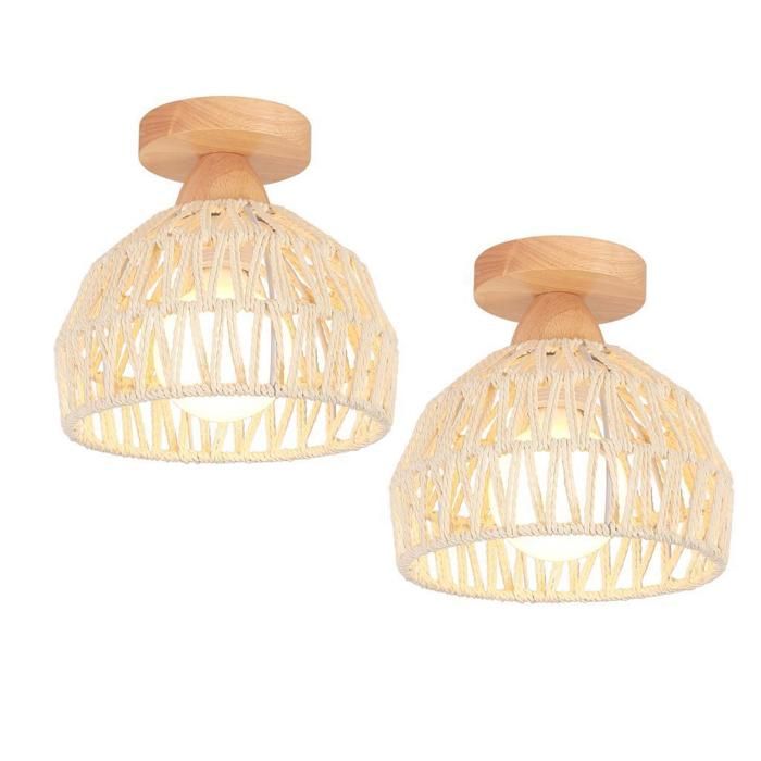 WOTTES Plafonnier Vintage Industrielle E27 Lampe de Plafond Bois Rétro Ø20cm Abat-jour Cage en Corde de Chanvre blanc 2PCS - Wottes