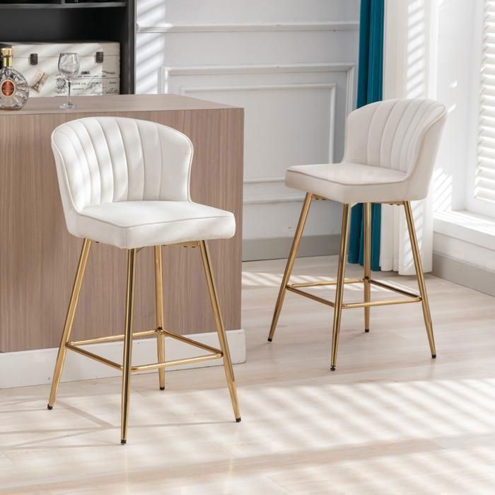 Wahson Tabouret de Bar Lot de 2 Chaise de Bar Moderne Tabouret avec Pied Plaquée Or Chaise Haute pour Cuisine Velours Beige