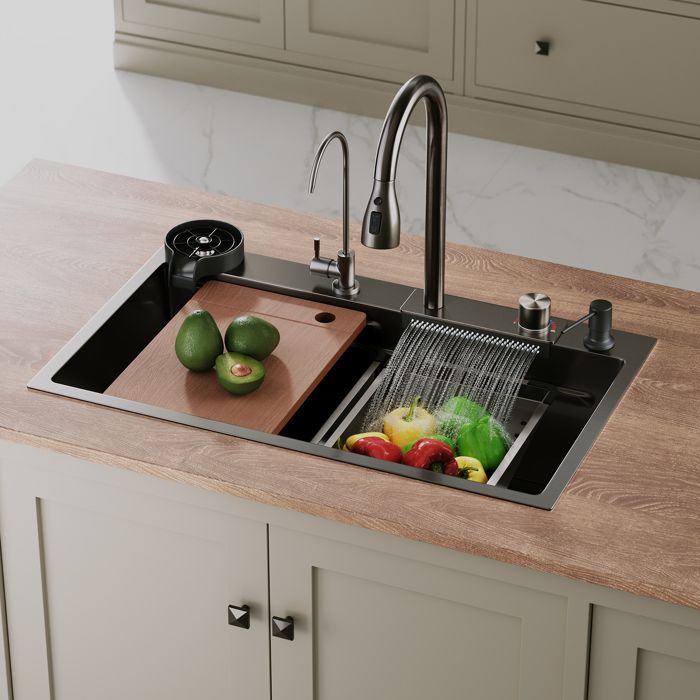 Évier de Cuisine - SIRHONA - Evier Inox Noir Multifonctionnel Cascade Avec Robinet de Poisson Volant Rétractable 75x45cm