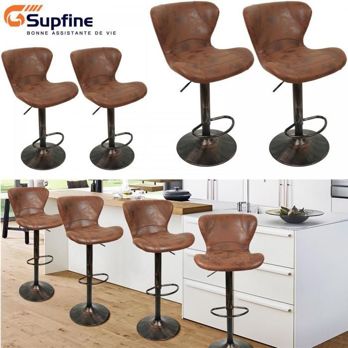 SUPFINE Tabourets de Bar Vintage Lot de 4 Cuir PU + Métal Chaise de Style Industriel Marron