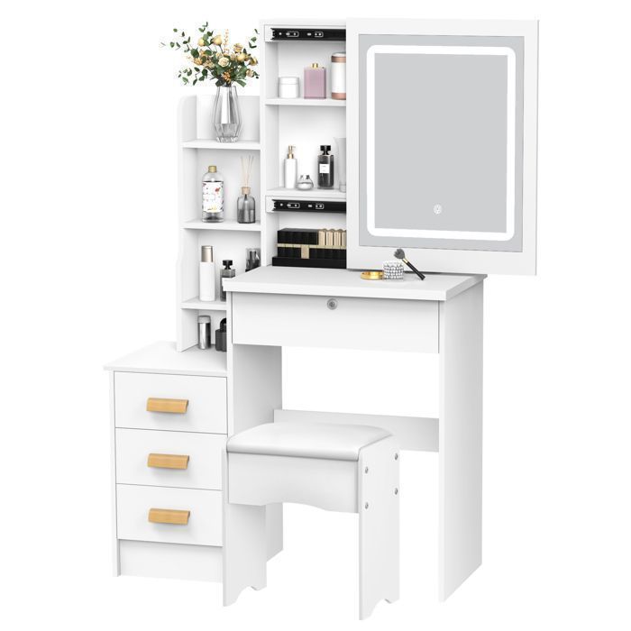 Coiffeuse-Table de Maquillage-Wilitto-Miroir LED à Luminosité Réglable-4 Tiroirs et 7 Compartiments-80*36*130cm-Blanc-Simple