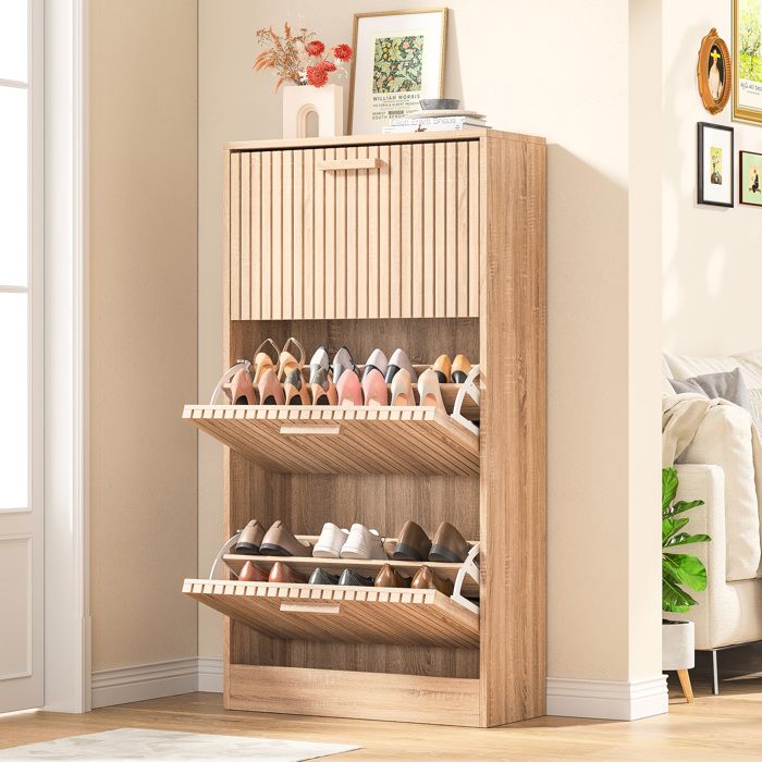 Meuble à chaussures - Meuble à Chaussures 3 portes - Beige aspect bois - Panneaux de particules - 60x24x113 cm