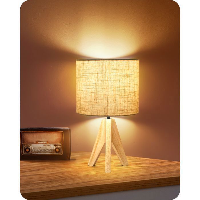 Lampe de chevet - EDISHINE - T21001 - Trépied bois massif - Abat-jour lin beige - Douille E27 LED 4W 2700K