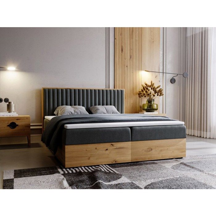 Lit Boxspring avec rangement - avec matelas - lit adulte - velours - gris - Forest 140x200