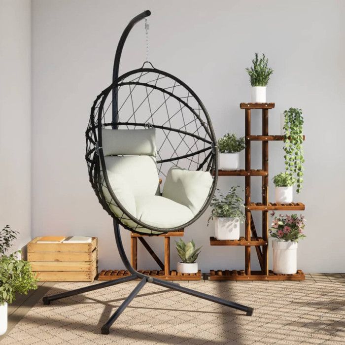 Chaise suspendue en forme d œuf et support beige rotin et acier