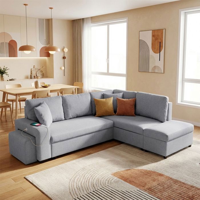 VEGA Canapé dangle reversible convertible gris (tissu texturé) - Taille L - 5 places - 258 x 157 x 83