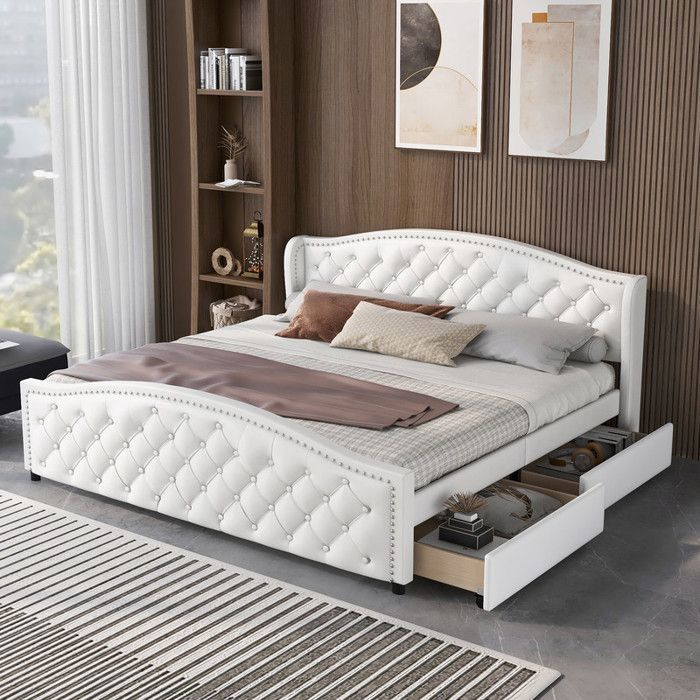 Lit double 160x200 cm - Chesterfield - Sommier inclus - 2 tiroirs - Tête de lit réglable - Blanc PU