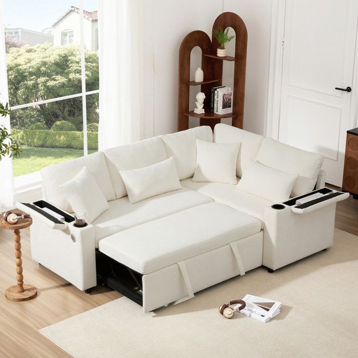 Canapé dangle - Convertible - Beige - Espace de rangement - Port USB - 4 places