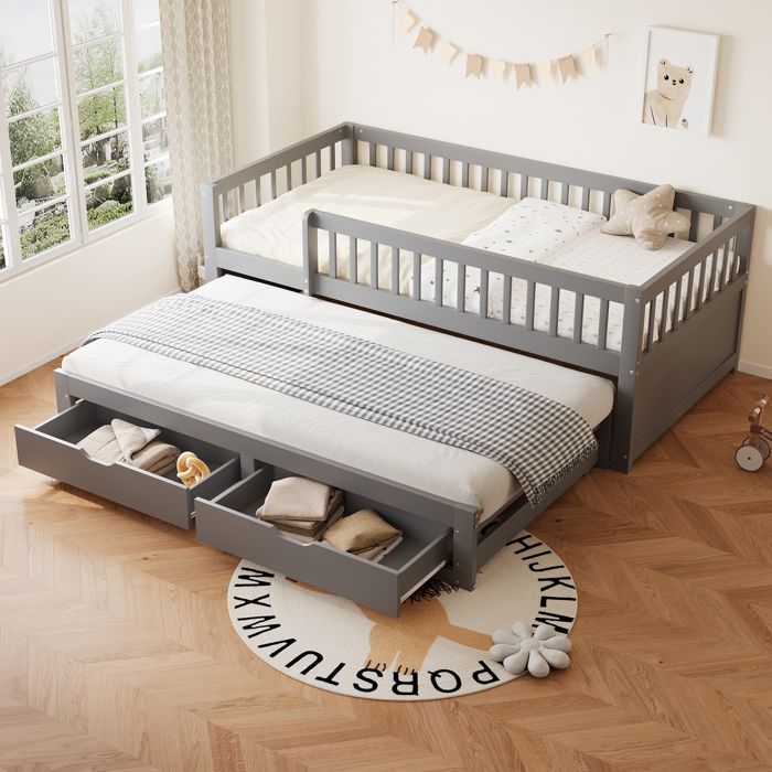 Canapé-lit - TRUXEN8 - Bois massif - Lit extensible - 2 tiroirs - Gris