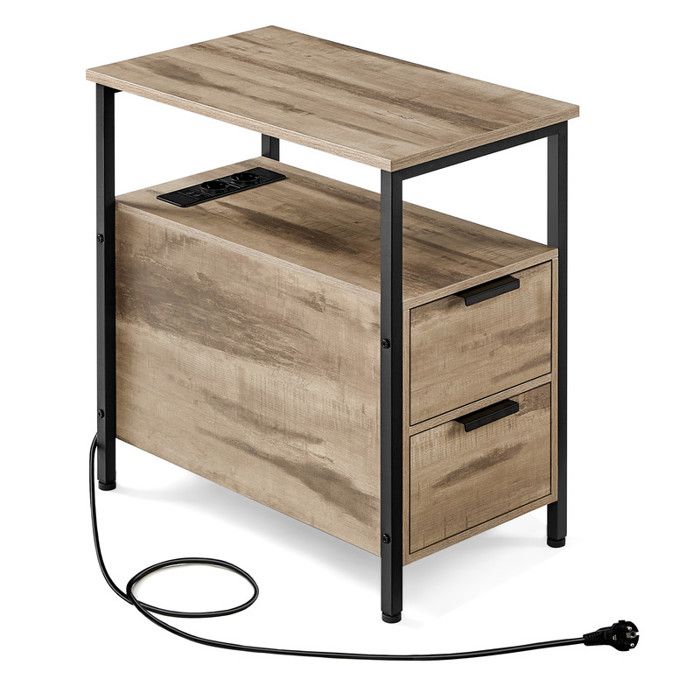 Table d’appoint - Prises intégrées - 2 tiroirs - Marron camel et noir