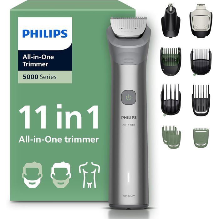 Philips Multigroom série 5000 Tondeuse tout en un 11 accessoires – tondeuse pour barbe cheveux et corps lames en métal auto affûtées 17 hauteurs de coupe 0 5 16 mm modèle MG595115 - vue 8
