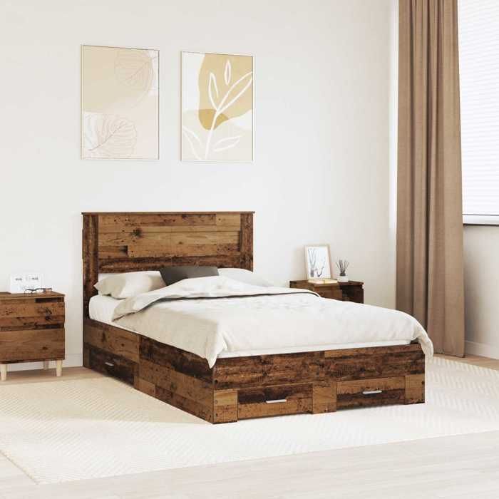 Structure de lit avec rangement - UU - Bois ancien - Bois dingénierie - 120x190 cm - Cadre à lattes