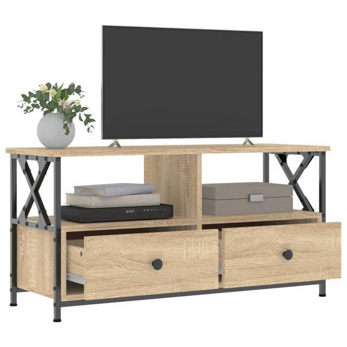 Meuble TV chêne sonoma - WIENS - 90x33x45 cm - Bois dingénierie - Fer - Brun - 2 tiroirs - 2 compartiments ouverts