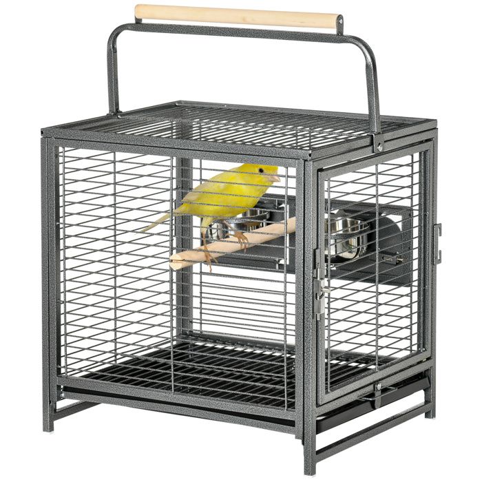 Cage de transport en acier pour perroquets cage à oiseaux avec 2 bols en acier inoxydable 2 perchoirs plateau noir