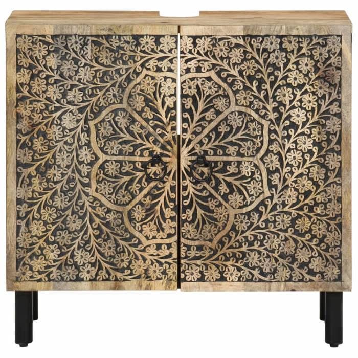 Ensemble meuble salle de bain 2 pcs - MOTHINESSTO - MOT234 - Bois de manguier massif - Grand rangement - Miroir sculpté