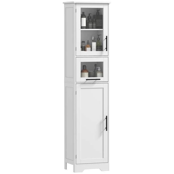 Meuble colonne salle de bain porte vitr&eacute;e tiroir 2 placards mdf blanc
