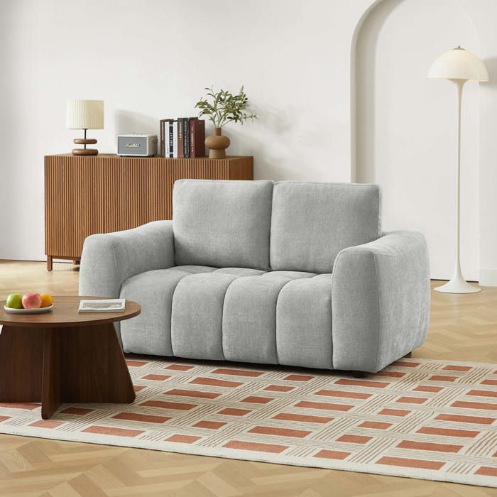 Canapé droit fixe KEREA 2 places tissu chenille gris