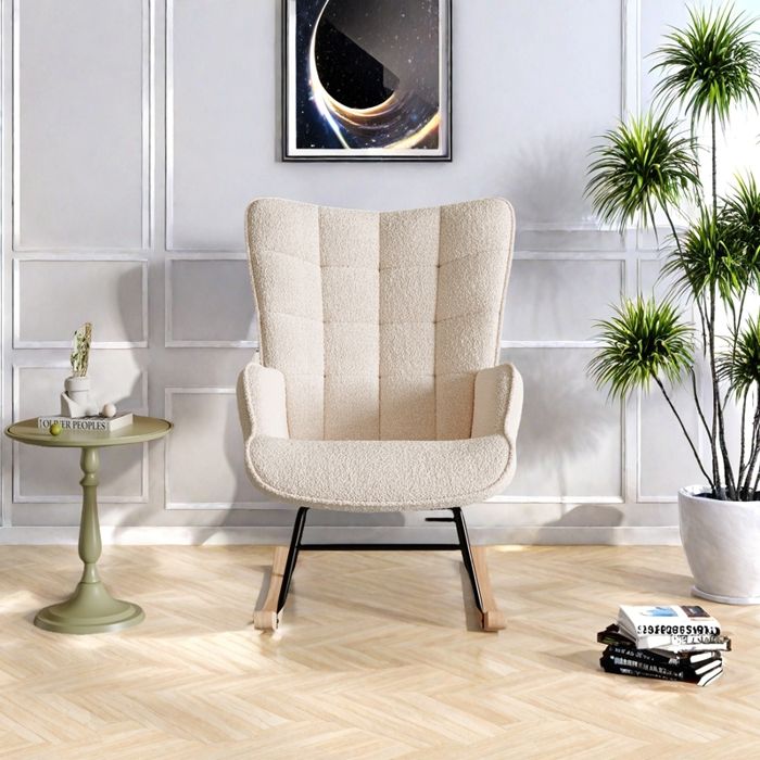 Fauteuil à bascule - Dossier rembourré - Fauteuil - Pieds en métal et bois massif - Charge maximale&nbsp;: 160&nbsp;kg - Beige