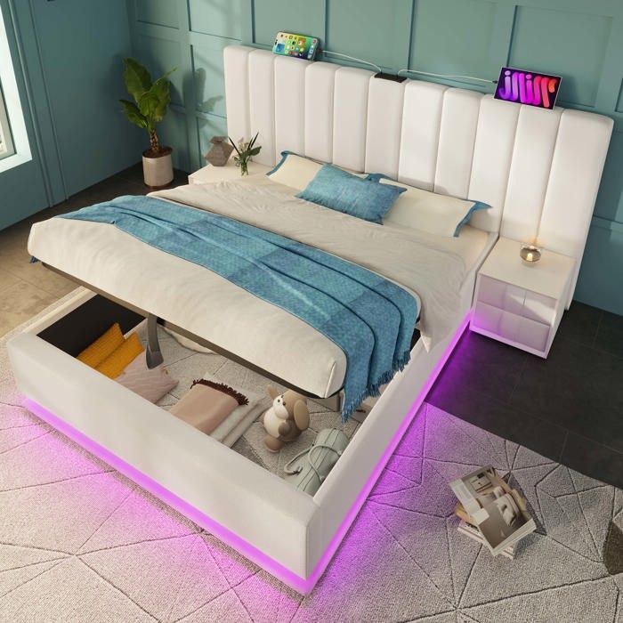 Lit Coffre Rembourré LED 180x200 avec Rangement USB et USB-C Éclairage RGB Cadre de Lit Moderne - Blanc PU - Sans Matelas Lit Coffre Rembourré LED 180x200 avec Rangement USB et USB-C Éclairage RGB Cadre de Lit Moderne - Blanc PU - Sans Matelas