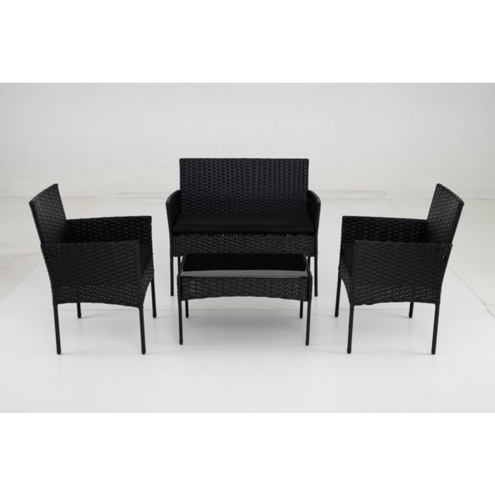 COSTWAY Ensemble 4 Pièces Table et 2 Chaises de Jardin en Rotin PE Causeuse 2 Places Mobilier dExtérieur avec Coussins Noir