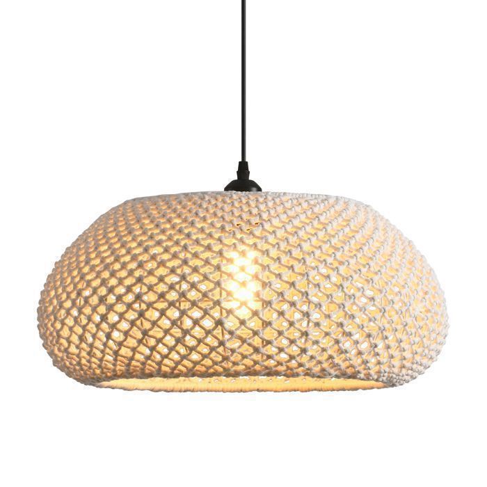 arrot Uncle Suspension Macramé Coton Naturel Ø48 cm Lampe Suspendue Bohème Tressée à la Main Forme Soucoupe E27