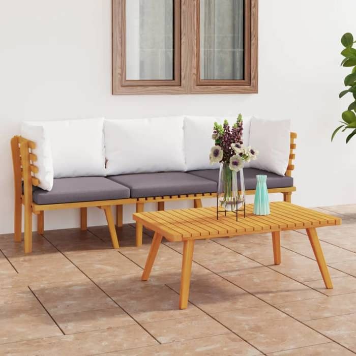 NEW 2026 Salon de jardin lot de 3 Meuble pour 2 personnes avec coussins Bois dacacia massif 54x58.5x6 cm S1189
