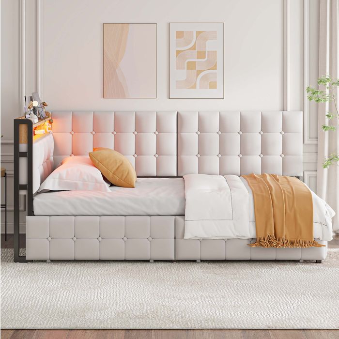 Canapé-lit rembourré beige 90 x 200 cm avec LED 2 tiroirs et ports USB-C