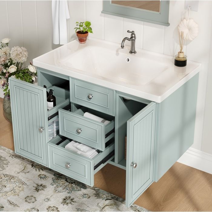 HOMVRA meuble sous vasque 785x46x47 cm meuble salle de bain avec vasque en céramique et rangements vert