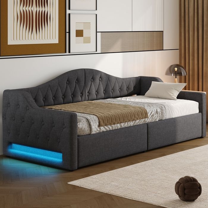 Canapé lit 90x200 avec Éclairage LED Lit Simple Rembourré avec Rangement Sommier à LattesStyle MinimalisteGris(sans Matelas)