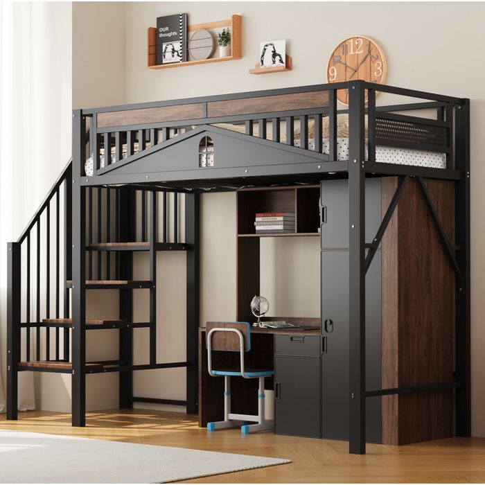 Lit mezzanine en métal noir avec échelle sécurisée rangements et garde-corps