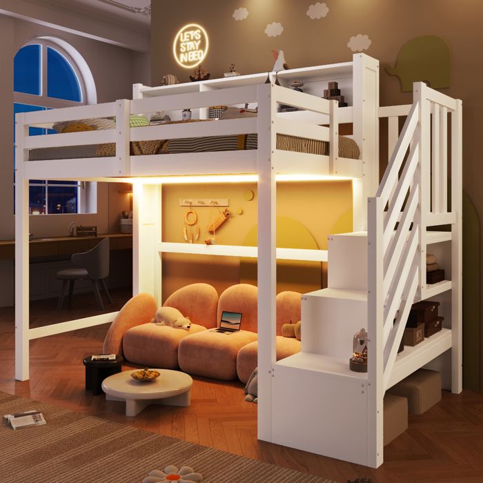 Lit mezzanine enfant - Dimensions 90x200 cm - Éclairage LED intégré - Grand espace de rangement sous le lit