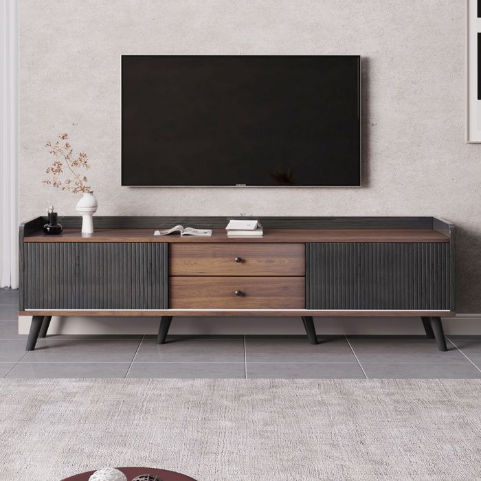 Meuble TV - KOMHTOM - 160x40x58 cm - Noir & bois naturel - 2 portes coulissantes - 2 tiroirs pieds bois massif Meuble TV - KOMHTOM - 160x40x58 cm - Noir & bois naturel - 2 portes coulissantes - 2 tiroirs pieds bois massif