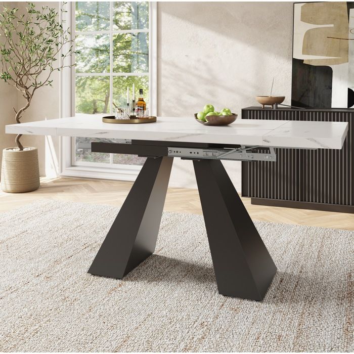 Table extensible 99-159x74 cm blanche effet marbre avec piètement en acier noir