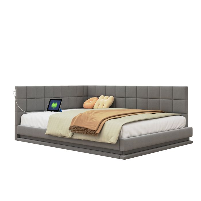 VLIVRA Lit Banquette Lit Double LED Réglable et Port USB 140 × 200 cm sans Matelas en Lin Gris