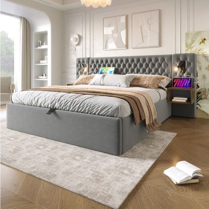 ULEVR lit coffre hydraulique 180 x 200 cm en velours gris avec 2 chevets liseuses USB Type-C sans matelas