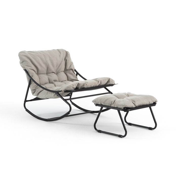 Fauteuil à bascule avec repose-pieds en acier et coussins rembourrés amovibles pour salon terrasse véranda Adelaide - beige