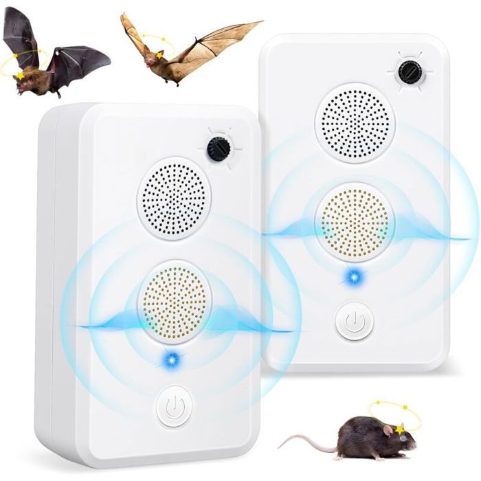 Répulsif ultrasonique pour chauves-souris - Lot de 2 unités - Ultrasons 20–65 kHz - Portée 80 m² par appareil