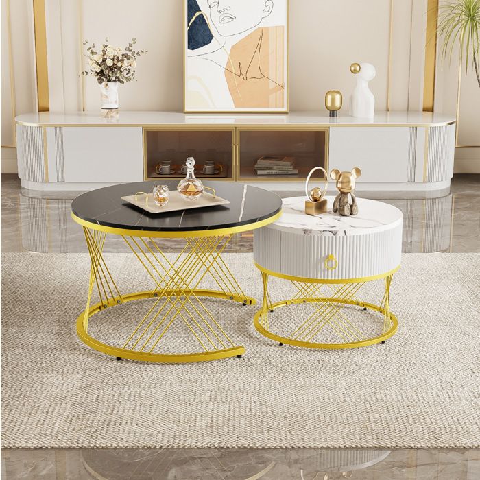 Table basse modulable lot de 2 effet marbre avec tiroir détails dorés pieds réglables salon MDF blanc et or - UVRION