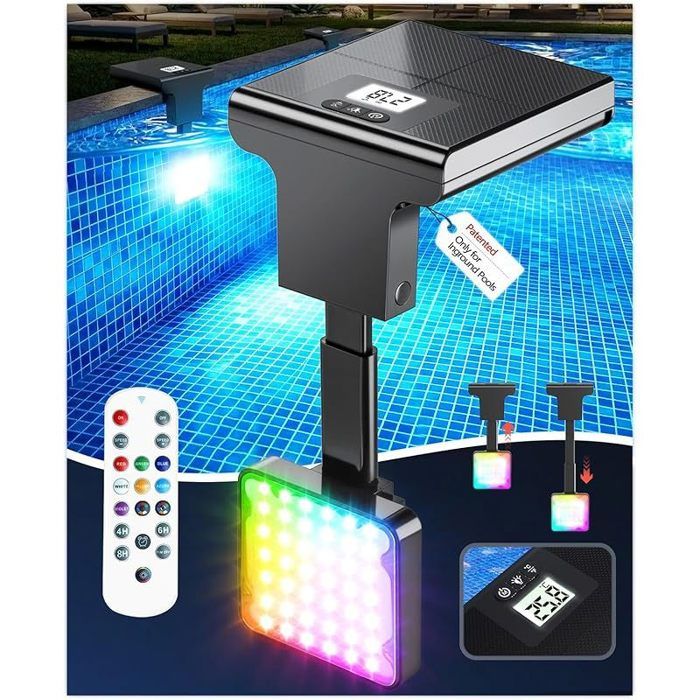 2 en 1 Lumiere Piscine Solaire avec Thermomètre de Piscine Éclairage Piscines Submersible avec Télécommande 10 Modes Déclairage