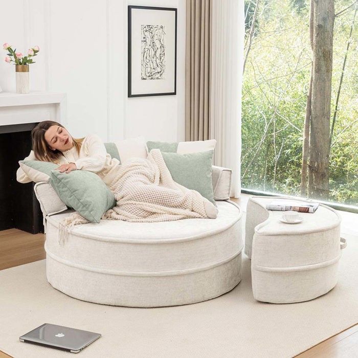 Canapé rond - 1 place - Tissu chenille beige - 5 coussins - Repose-pieds