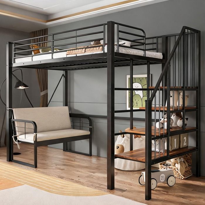 Lit superposé 1 place 90x200 cm en métal noir avec canapé convertible rangement et échelle sécurisée idéal pour chambre denfant