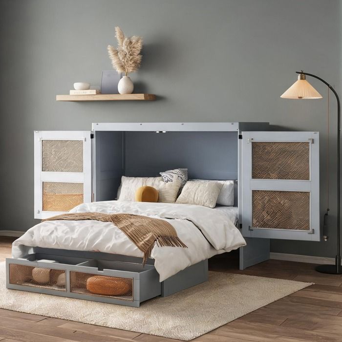 Lit escamotable vertical 140x200 cm gain de place bois gris ardoise à lattes avec rangement